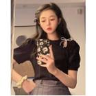 Puff-sleeve Rhinestone Bow T-shirt