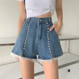Lace-trim Faux Pearl Denim Shorts