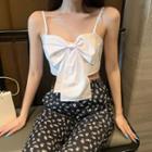 Spaghetti Strap Bow Top / Floral Print Straight-fit Pants