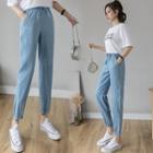 High-waist Drawstring Plain Jeans