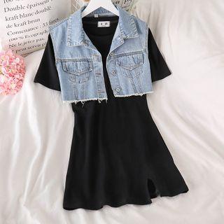 Short-sleeve Mini A-line Dress / Cropped Button Denim Vest
