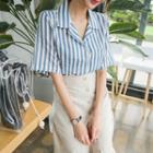 Notched-collar Stripe Linen Blend Shirt