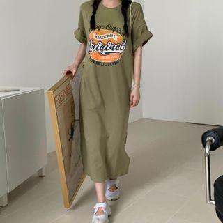 Short-sleeve Lettering Print Midi T-shirt Dress Bean Green - One Size