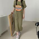 Short-sleeve Lettering Print Midi T-shirt Dress Bean Green - One Size