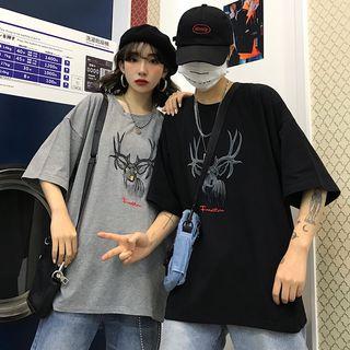 Couple Matching Elbow-sleeve Deer Embroidered T-shirt