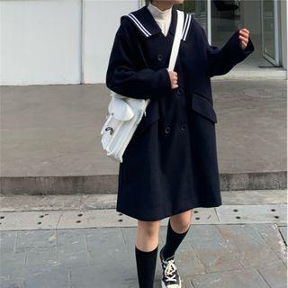 Sailor Collar Double Breasted Coat Blue - One Size