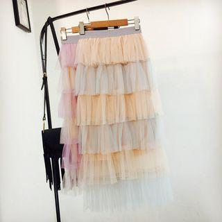 Midi A-line Tiered Mesh Skirt Khaki - One Size