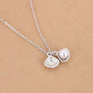 925 Sterling Silver Shell Pendant Necklace Shell & Faux Pearl - Silver - One Size