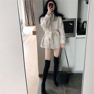 Tie-waist Faux Shearling Zip Jacket