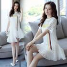 Letter Embroidered Lace Short Sleeve Dress