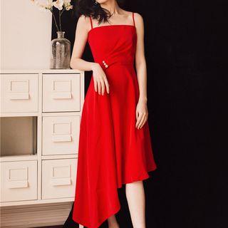 Irregular Hem Faux Pearl Spaghetti Strap Midi A-line Dress