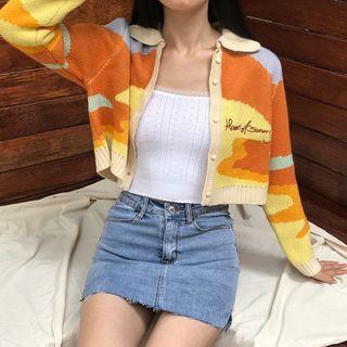 Collared Contrast Color Cropped Knit Cardigan