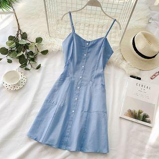 Spaghetti Strap Button-front Mini A-line Dress