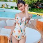Cold-shoulder Floral Print Ruffled Swimsuit