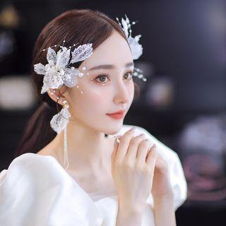 Set: Faux Pearl Flower Hair Clip + Drop Earring Set - White - One Size