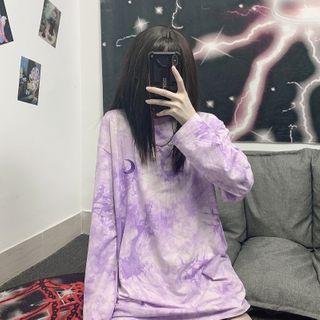 Long-sleeve Moon Embroidered Tie Dye T-shirt
