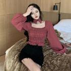 Collared Off-shoulder Puff-sleeve Ruched Top