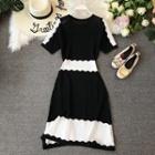 Short-sleeve Two-tone A-line Knit Dress Black - One Size