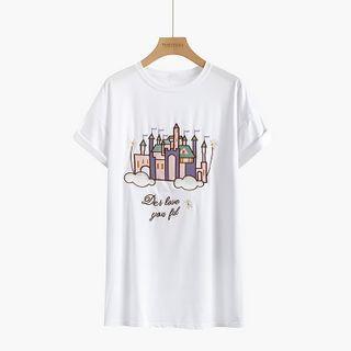 Castle Embroidered Elbow-sleeve T-shirt White - One Size