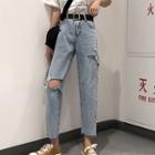 Distressed Straight-cut High-waist Jeans