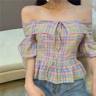 Plaid Off-shoulder Elbow-sleeve Peplum Top / Drawstring Spaghetti Strap Mini Bodycon Dress
