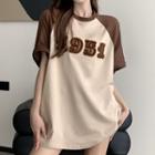 Elbow-sleeve Lettering Raglan T-shirt Khaki - One Size