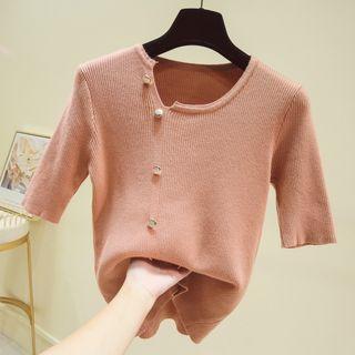 Elbow-sleeve Button-detail Knit Top