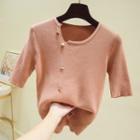 Elbow-sleeve Button-detail Knit Top