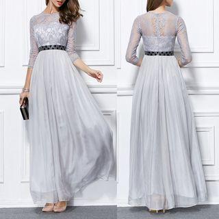 Lace Panel 3/4-sleeve A-line Evening Gown