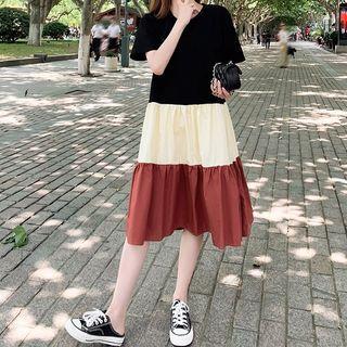 Elbow-sleeve Color Block Tiered Midi A-line T-shirt Dress