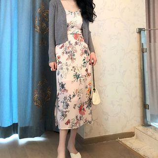 Button-up Cardigan/ Strappy Floral Print Midi Straight-fit Dress