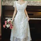 Floral Embroidered Puff-sleeve Midi A-line Mesh Dress