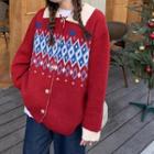 Contrast Collar Argyle Cardigan Red - One Size