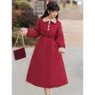 Contrast Trim Drawstring Long-sleeve Midi A-line Dress