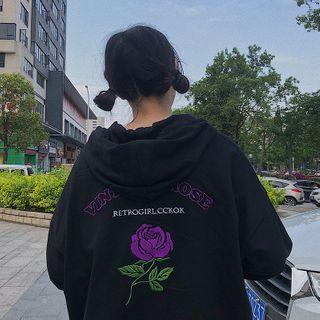Floral Embroidered Zip Hoodie Black - One Size