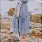 Elbow-sleeve T-shirt / Mesh A-line Midi Skirt