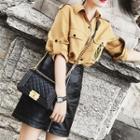 Set: Tab-sleeve Shirt + A-line Faux Leather Skirt