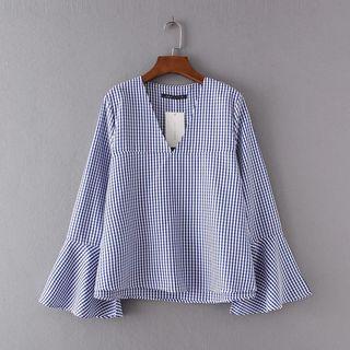 Bell-sleeve V-neck Gingham Blouse