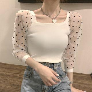 Dotted Mesh Panel Long-sleeve Knit Top