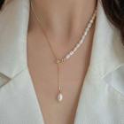 Freshwater Pearl Asymmetrical Pendant Alloy Necklace 1 Pc - Gold - One Size