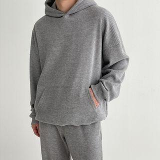 Rib-knit Kangaroo-pocket Hoodie