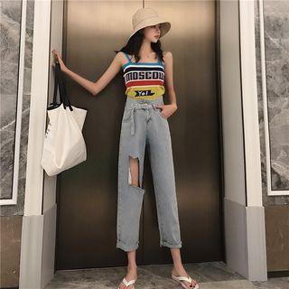 High-waist Distressed Straight-cut Jeans / Lettering Sleeveless Knit Top