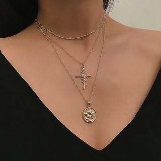 Alloy Coin & Cross Pendant Layered Choker Necklace