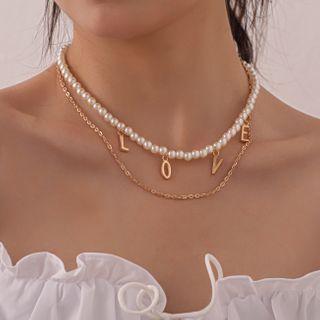 Alloy Love Lettering Faux Pearl Layered Necklace