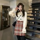 Flared-cuff Lace Blouse / Plaid A-line Skirt