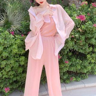 Set: Long-sleeve Sheer Shirt + Spaghetti Strap Top + Wide-leg Pants