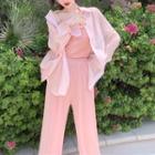 Set: Long-sleeve Sheer Shirt + Spaghetti Strap Top + Wide-leg Pants