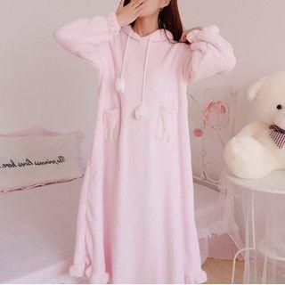 Hooded Midi A-line Fleece Sleep Dress