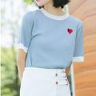 Short-sleeve Heart Embroidery Knit Top