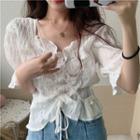 Elbow-sleeve Frill Trim Rhinestone Drawstring Chiffon Top White - One Size